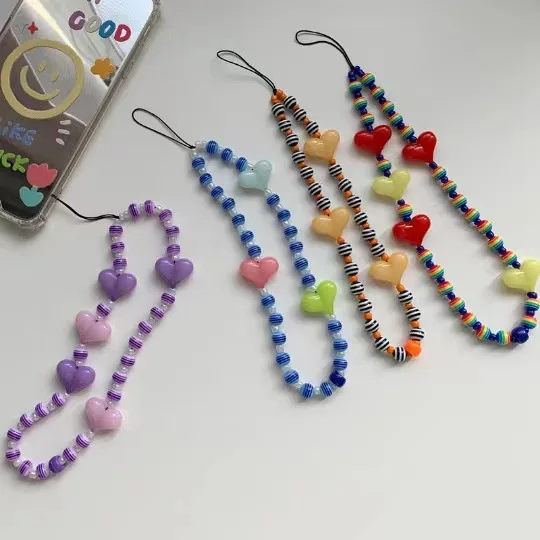 

Cute Acrylic Beads Phone Chian Lanyard Handmade Beaded Hanging for Mobile Phone Cord String Ornament Accessories Random Color