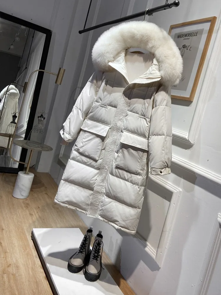 

Fur Hooded Jacket 90% White Duck Down Coat Thick Warm Snow Outwear Winter Loose Windbreak Long Coat Women Real Natural