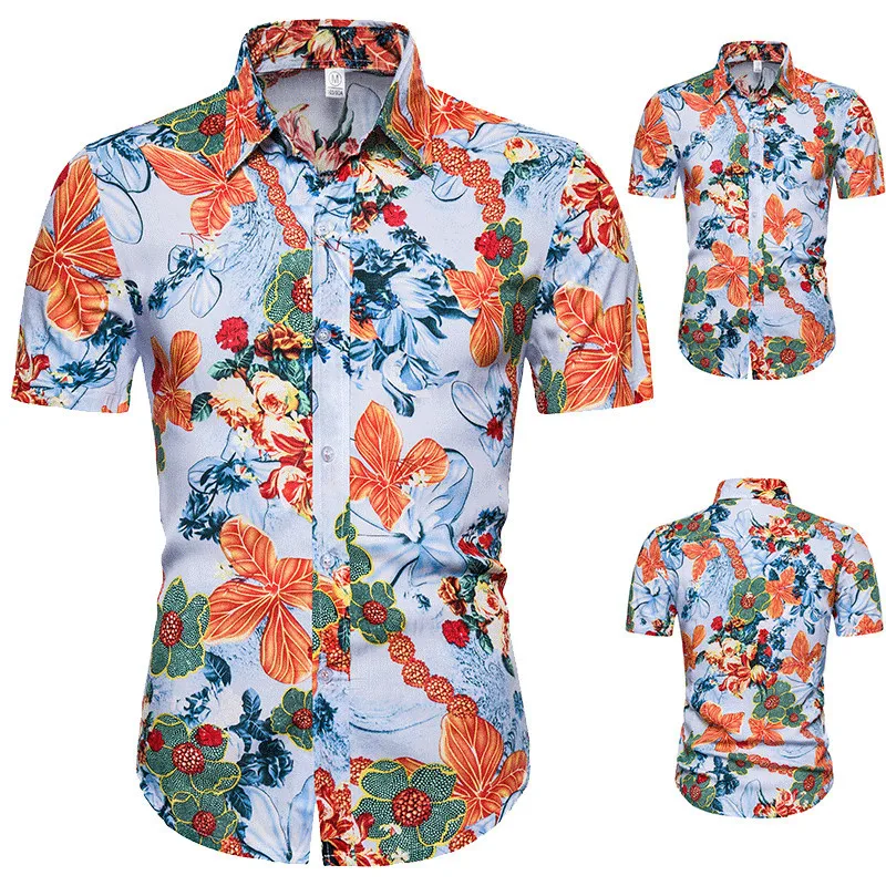 

Hawaiian Shirts Flower Print Streetwear Mens Tops Casual Slim Fit Shirt Short Sleeve Cotton Men Chemise Homme camisa masculina