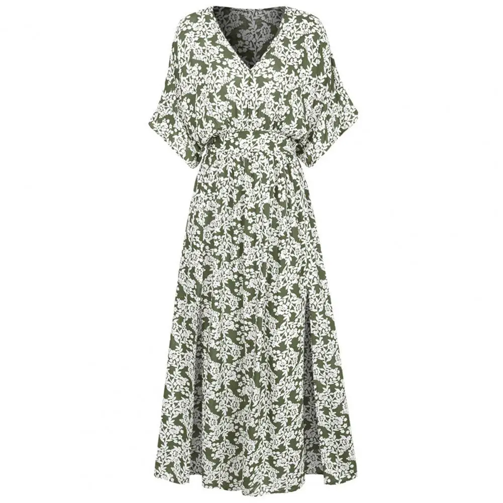 

2021 Summer Fashion High Waist Split Dress Lady Batwing SleeveCasual Dress Sexy V-Neck Elegant Floral Printed Female Dress