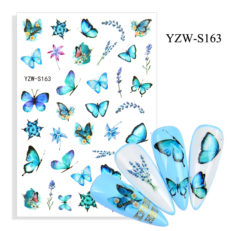 

3D Nail Butterfly Stickers Watercolor Decals Blue Flowers Sliders Wraps Manicure Summer Nail Art Decorations