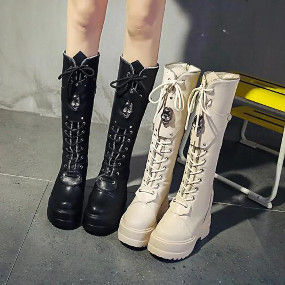 Высокие сапоги до бедра женские винтажные колена на танкетке мотоциклетные с