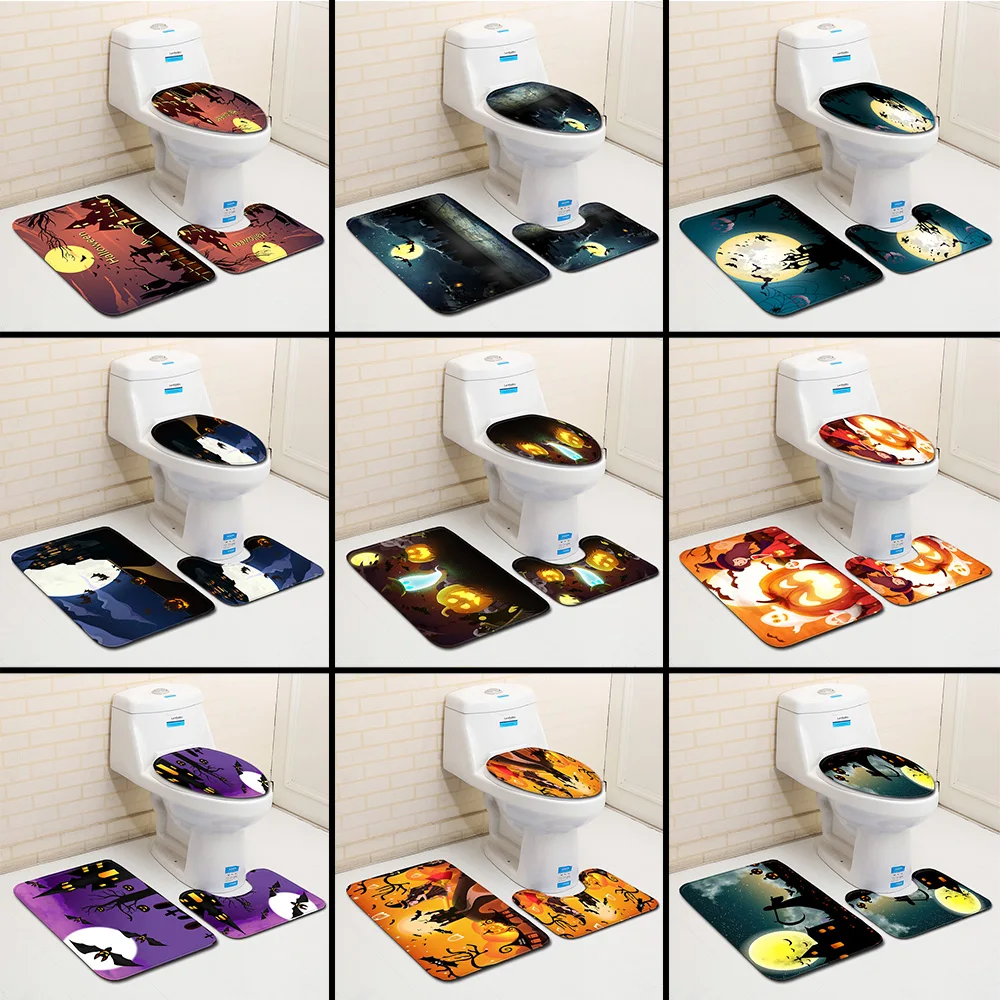 

Home Decoration Shower WC Rug Mat Ancient Castle Bats Printed Bath Mat Anti slip Halloween Toilet Carpet Mat Set for Bathroom