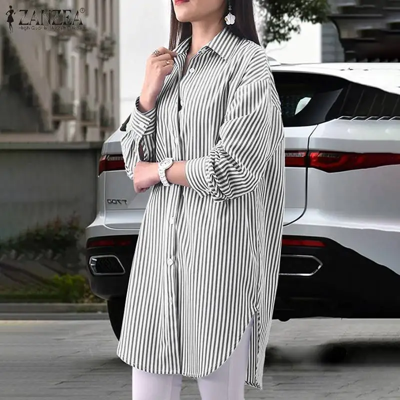 

Fashion Women Lapel Neck Striped Shirt Autumn Long Sleeve Loose Casual Long Tops ZANZEA Elegant OL Work Blusas Tunic Oversized