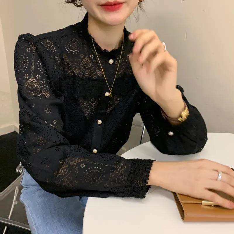 Alien Kitty Hollow Out Patchwork Lace Cotton Office Lady Vintage 2020 Gentle Free Embroidery Floral Sexy All-Match Elegant Shirt | Женская