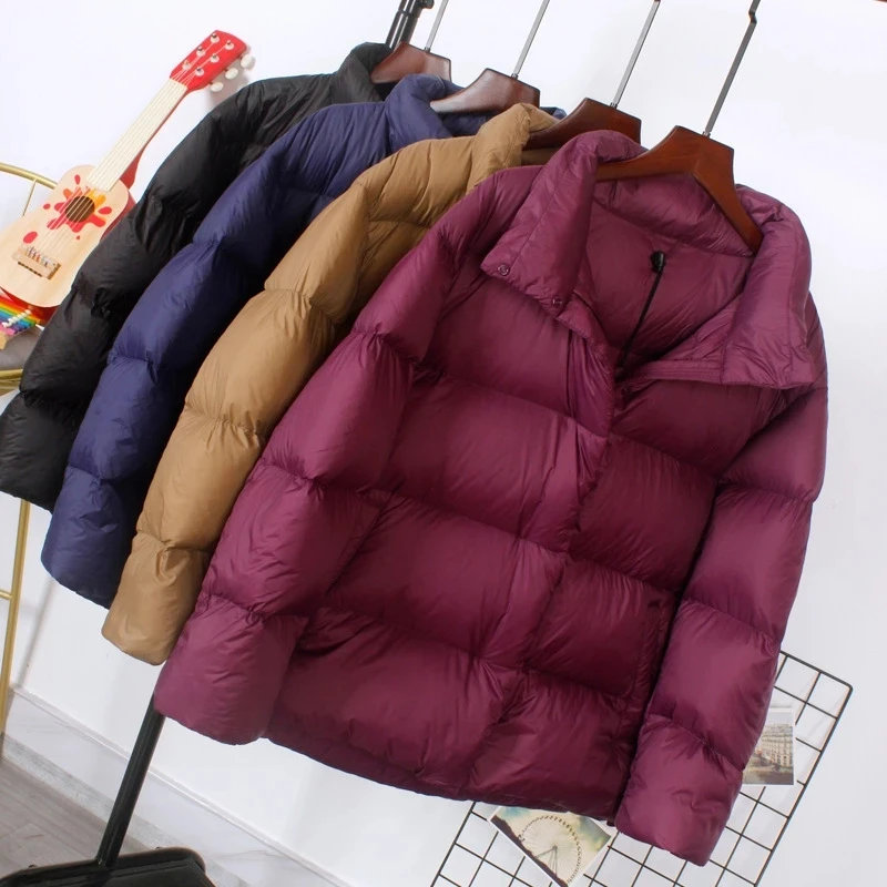 

Light 90% Down Coat Stand Collar Solid Women Loose Zipper Hidden Pocket Female Down Coats Pop Winter Lady Warm Top Clothes