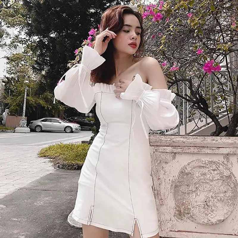 

FAKUNTN Women's Dress Woman 2021 Spring Summer Elegant Ruffles Off-Shoulder Long Sleeve Vestidos Female Mini Dresses Denim Dress