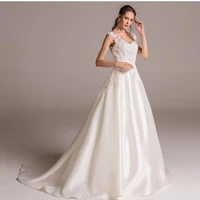 wedding dress v neck a line princess lace appliques for women sweep train robe de mariee sleeveless 2021 stunning low back