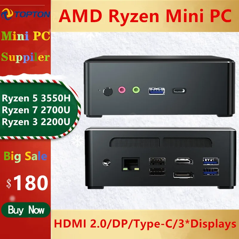 TOPTON Mini PC AMD Ryzen R5 3550H R7 2700U Vega 10 Graphic 2 * DDR4 M.2 NVMe игровой компьютер Windows 4K HTPC HDMI2.0 DP AC