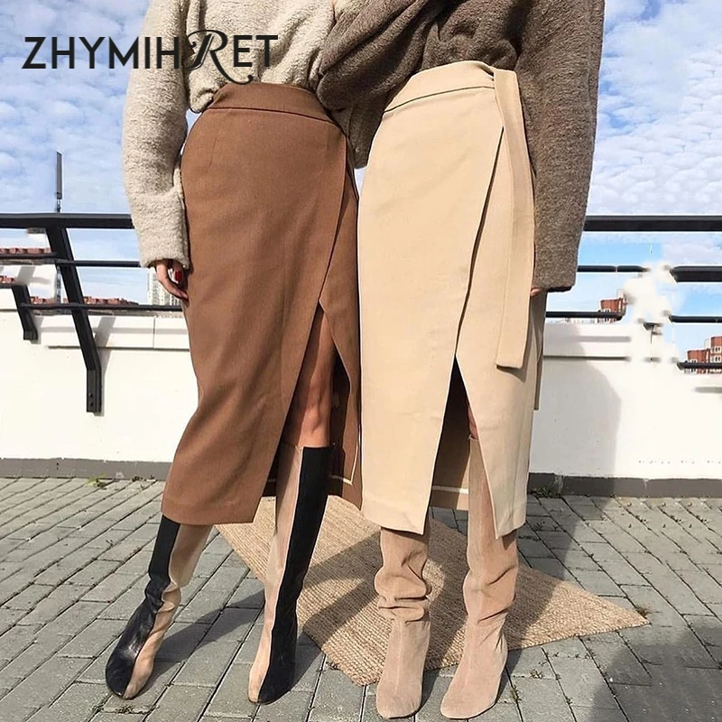 Женская замшевая юбка миди с разрезом zhymifret элегантная высокой талией и