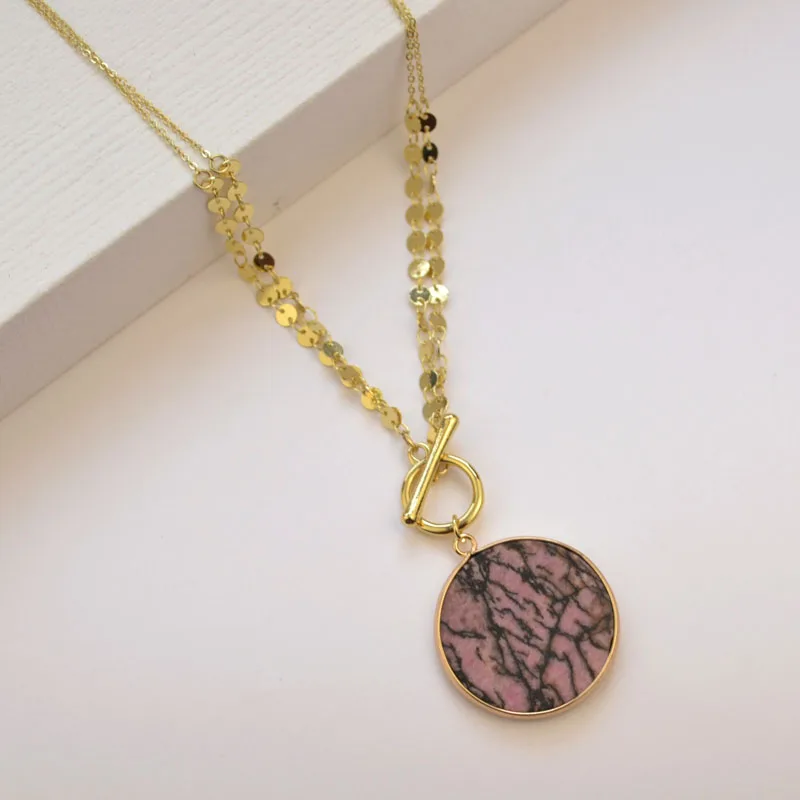 

Gold Sequin Layered Chain Semi Precious Stone Disc Pendant Necklace Fashion T Toggle Women's Necklace