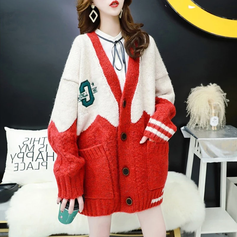 

Coson V Neck Letters Embroidery Autumn Winter Knit Women's Cardigan Oversized Patchwork Sweater Female Cardigan Jacket