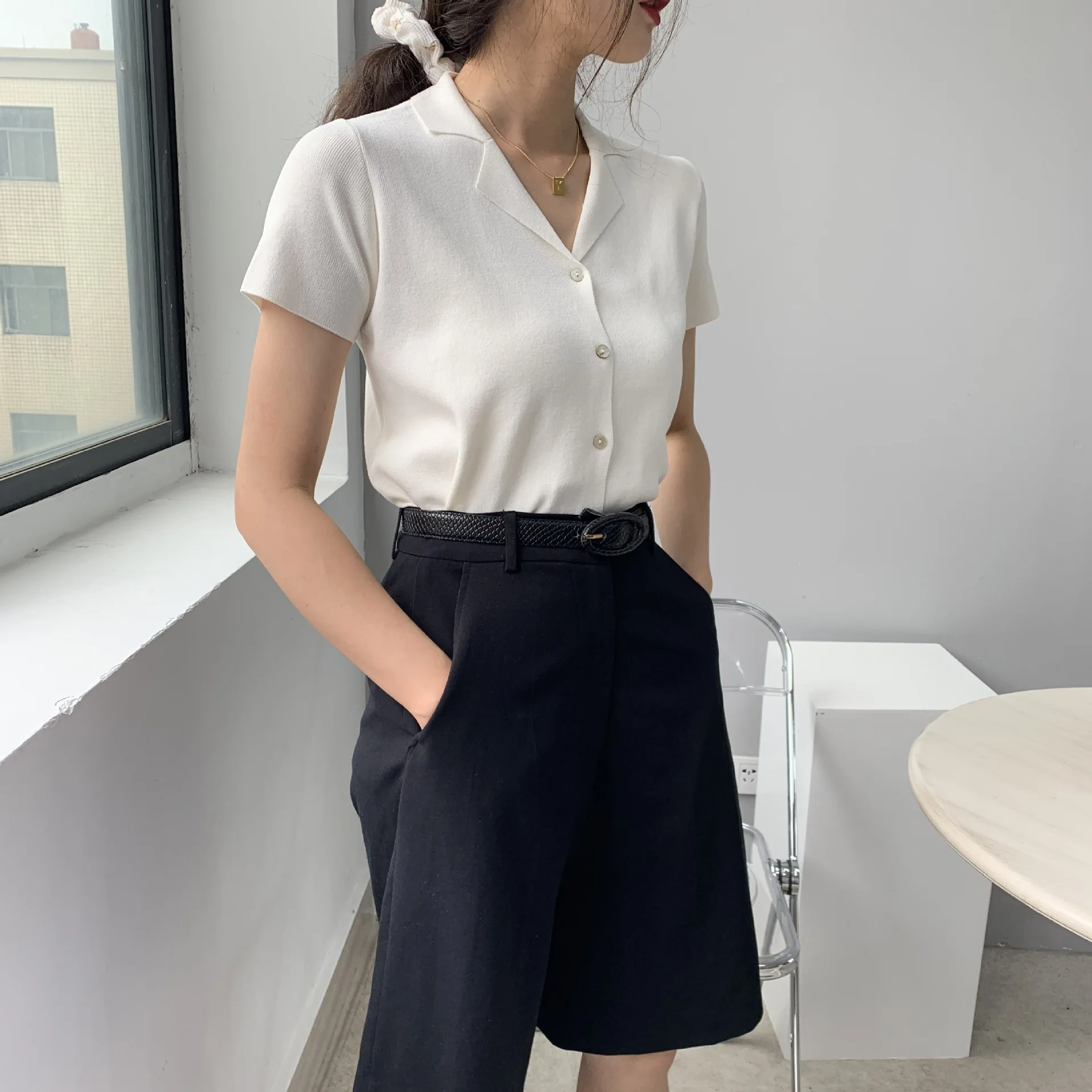 

Korean Style T-Shirt Knitted Short-Sleeved Summer Suit Collar Thin Loose V-Neck T Shirt Top Women