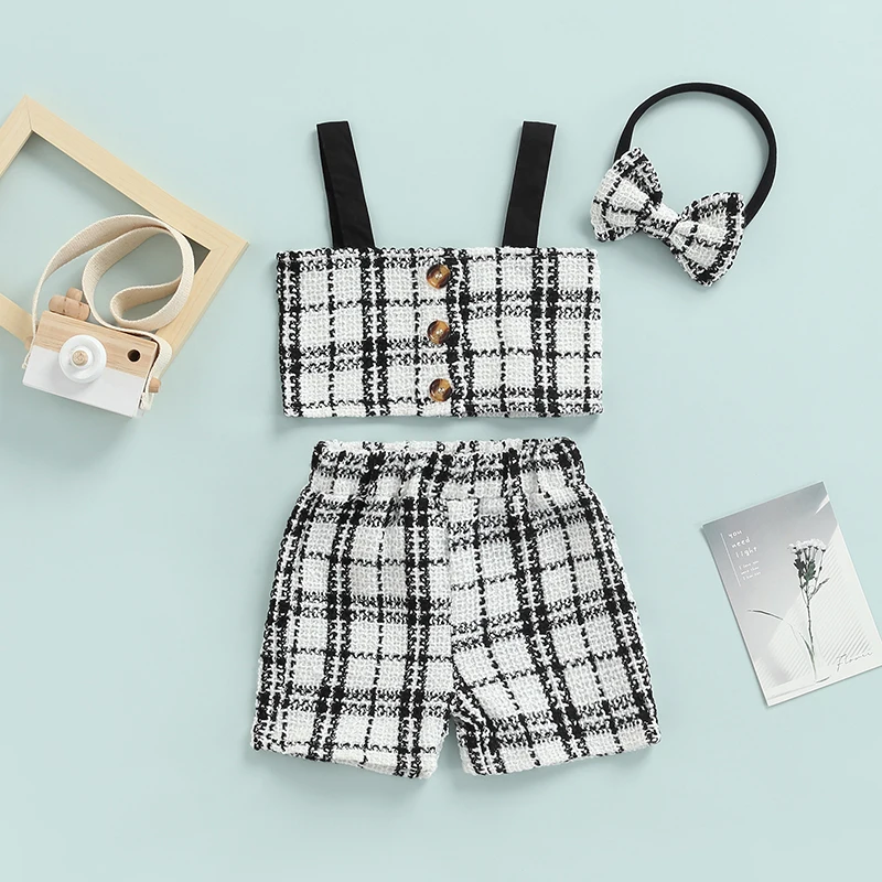 Модный летний комплект одежды для маленьких девочек из 3 предметов черная белая