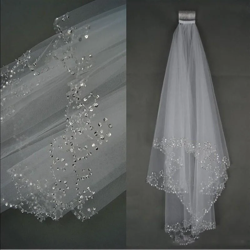 

Luxury Wedding Veils Wedding Bridal Veil 2-Layer Handmade Beaded Crescent Edge Bridal Accessories Veil White and Lvory Color in
