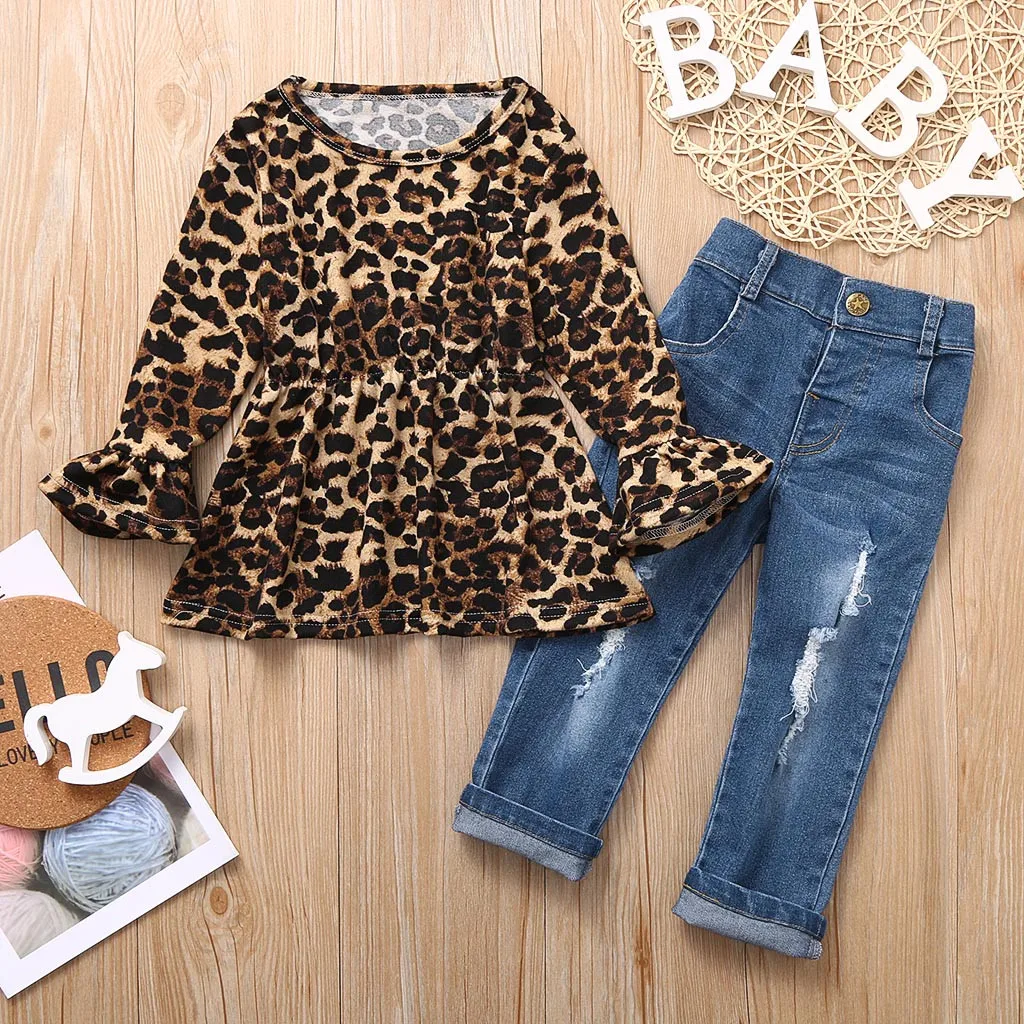 Футболка с леопардовым принтом для маленьких девочек топ и джинсы брюки модный