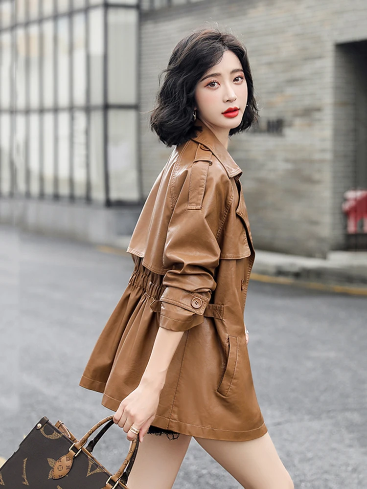 New Women Leather Jacket Spring Autumn 2022 Casual Fashion Solid Color Elastic Waist Loose Sheepskin Trench Coat Biker Jacket