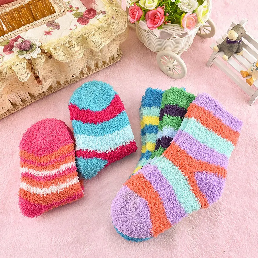 

1Pair Cute Coral Fleece Striped Winter Socks Warm Fluffy Baby Floor Socks Soft Feet Warmer Toddler Infant Kids Children