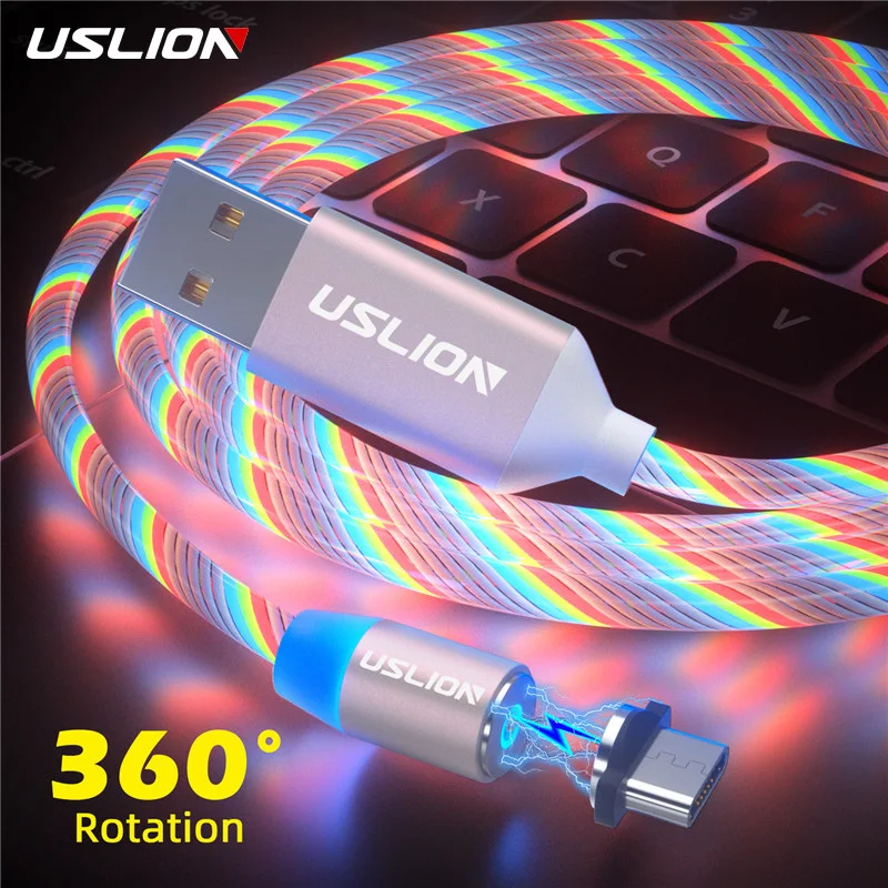 

USLION Magnetic Luminous Lighting Charging Cable Mobile Phone USB Type C Cable For Xiaomi Samsung LED Micro USB Type C Wires