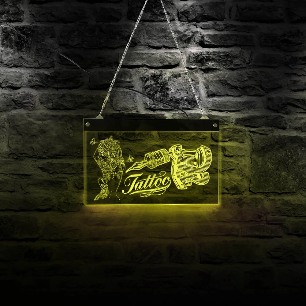 Модная тату девушка с пистолетом светодиодный дисплей подсветкой знак для