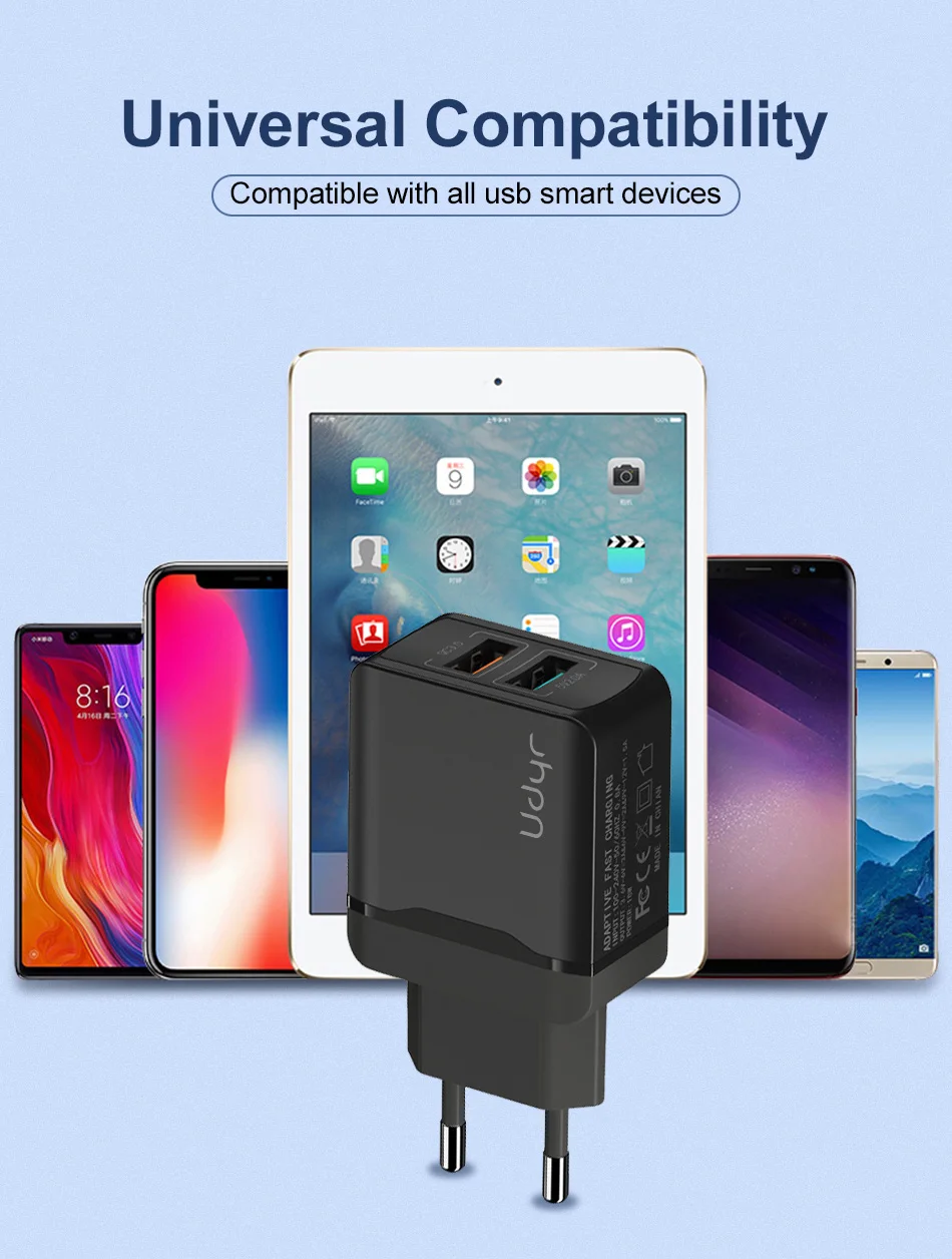 Udyr Quick Charge 3,0 28W QC 3,0 адаптер зарядного устройства с двойным USB EU вилка Дорожное настенное зарядное устройство для мобильного телефона для iPhone 11 samsung Xiaomi