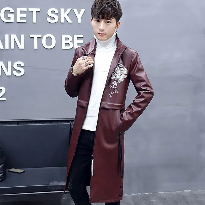 

Winter New Thick Warm Mens PU Leather Medium Length Trench Coats Fashion Floral Printed Stand Collar High Street Coats Plus Size