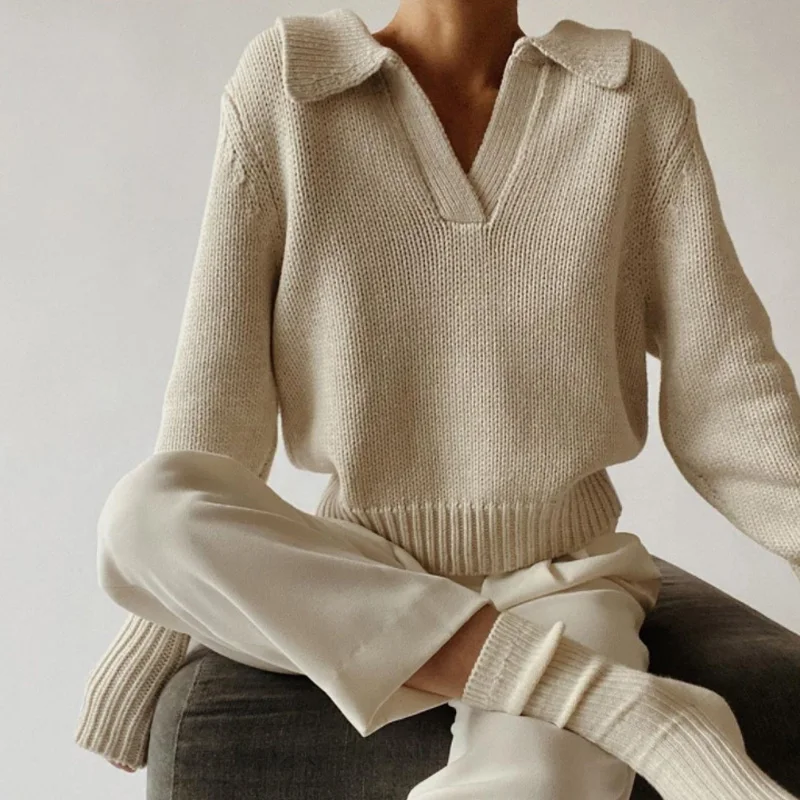 

Autumn Thin Knitted Sweater Women Vintage Polo Collar Long Sleeve Streetwear Pullover Korean Casual V-neck Female Clothing