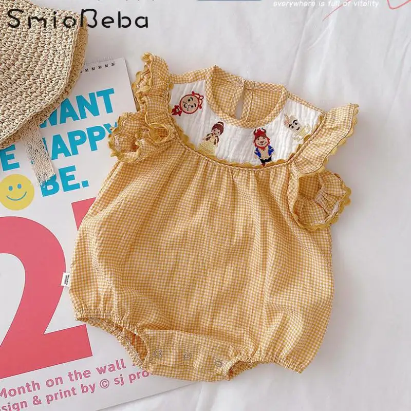 

Летние комбинезоны цвета хаки для маленьких девочек, милые клетчатые комбинезоны с вышивкой и рукавами-фонариками для новорожденных, комби...