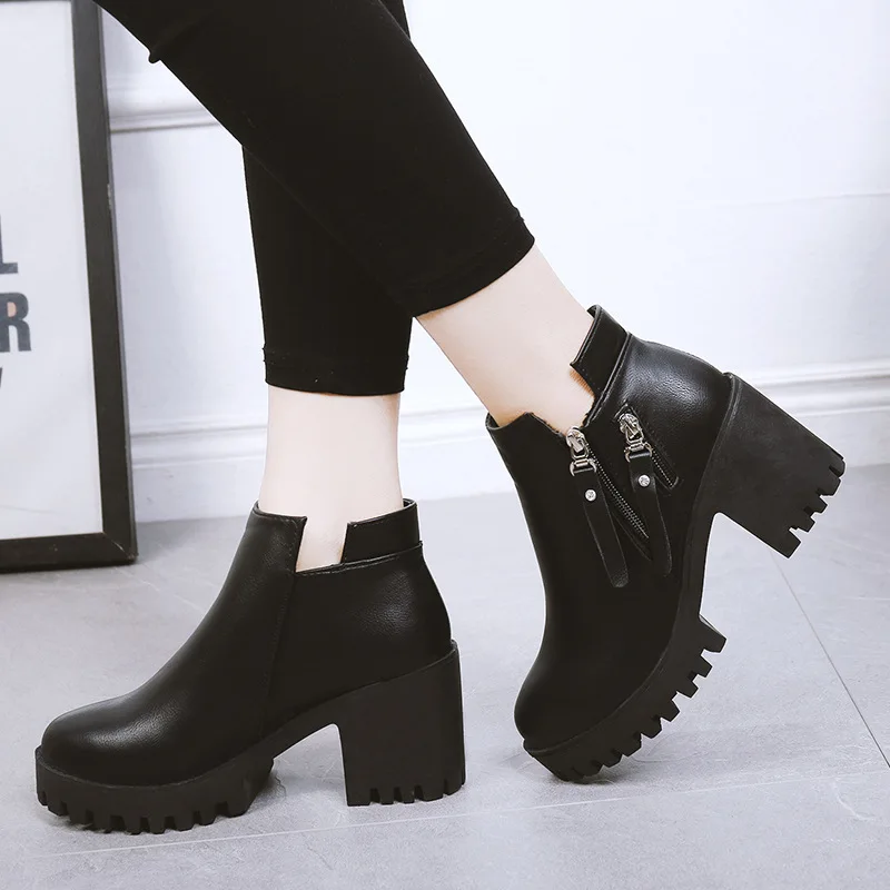 

Block Heel Platform Boots Women Winter Shoes 7.5CM High Heels Boots Women New Fashion Zippers Leather Boots Botas Plataforma