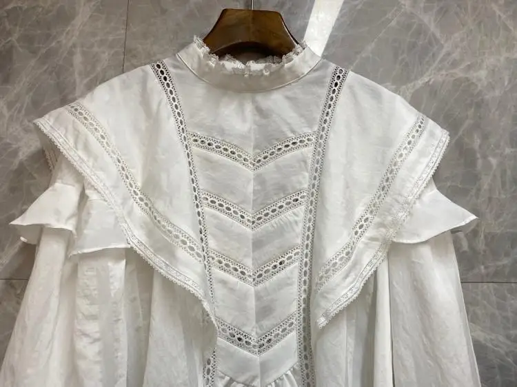 

Women Shirt 2020 Fall/Winter New Lace Stand Collar Ruffle Hollow Long Sleeve Floral Printing Girls Blouse Top