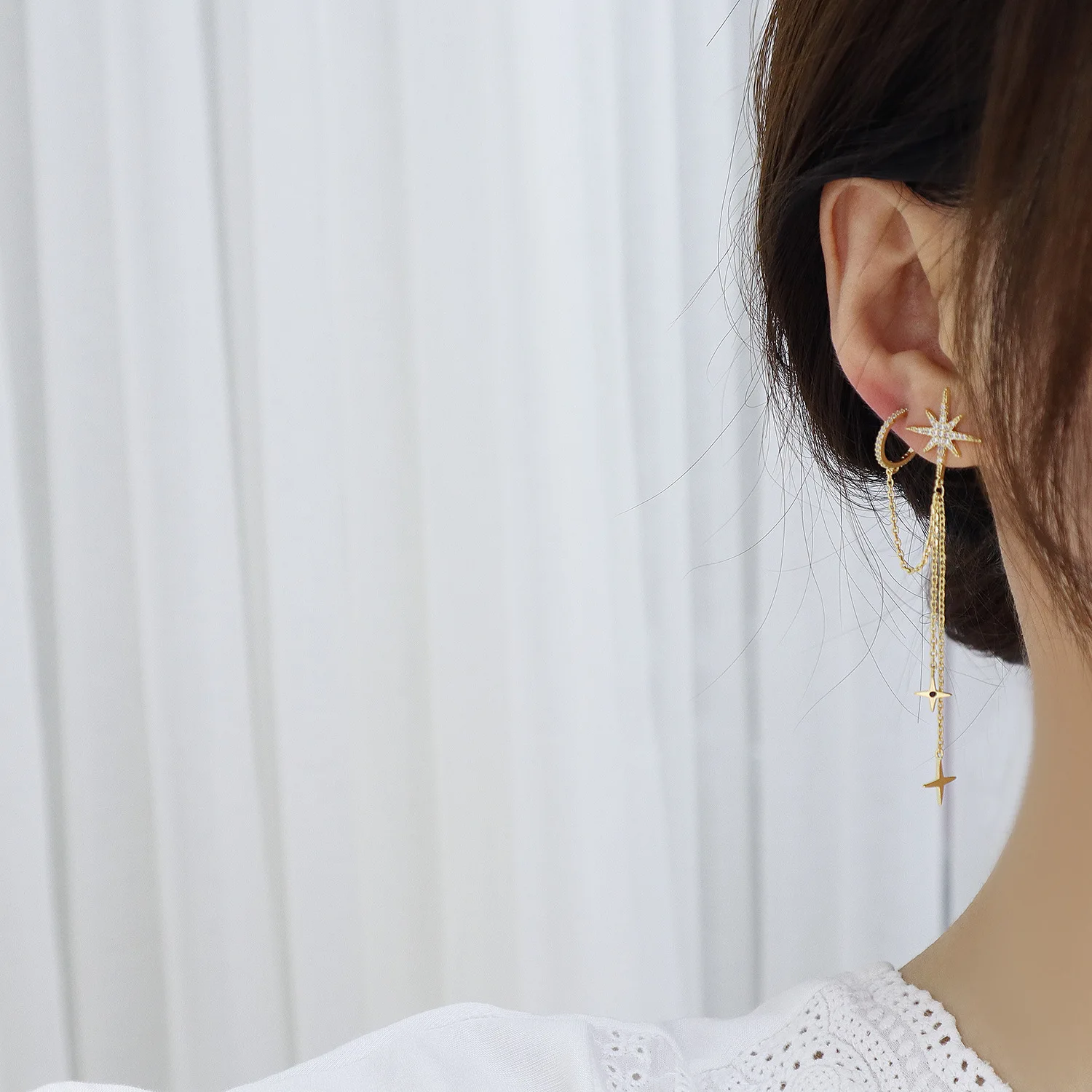 

14k Real Gold Plated Fashion Jewelry Crystal Stars Exquisite Long Chain Earrings for Woman Holiday Party Elegant Earring