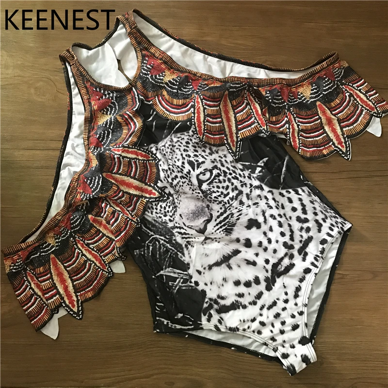 KEENEST/винтажный купальный костюм с принтом племени; купальный костюм с пуш-апом; женская одежда для плавания с оборками