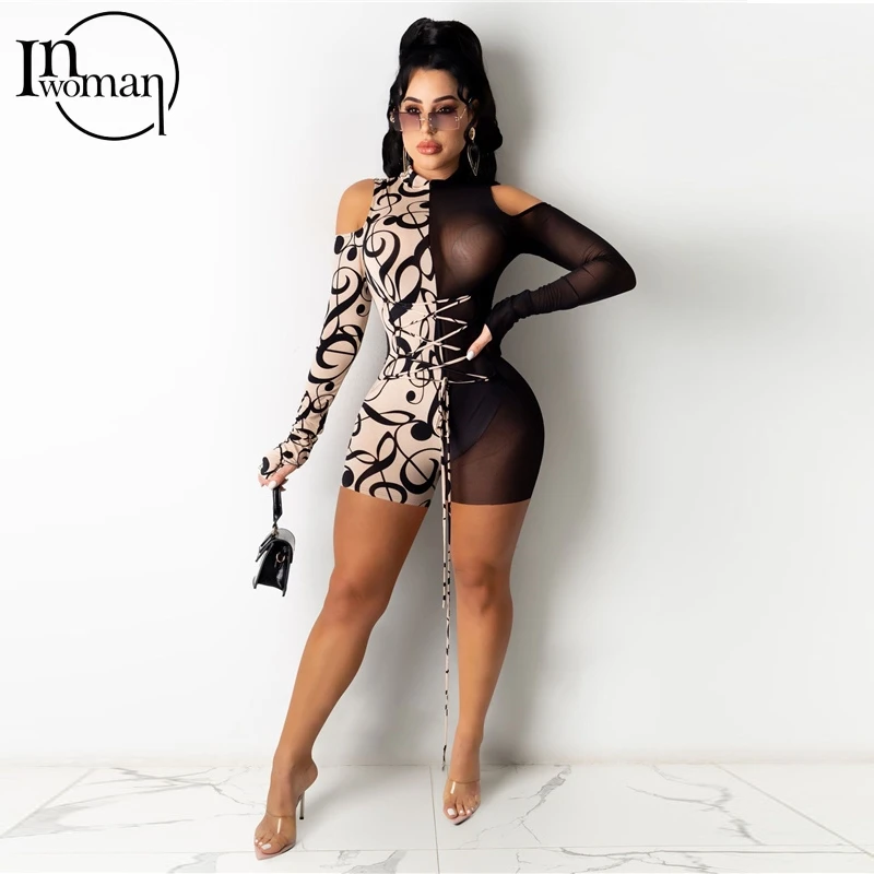 

Inwoman Sexy Summer Beach Patchwork Jumpsuit Women Shorts Playsuit One Piece Outfit Bodycon Ladies Club Mesh Jumpsuit Female New
