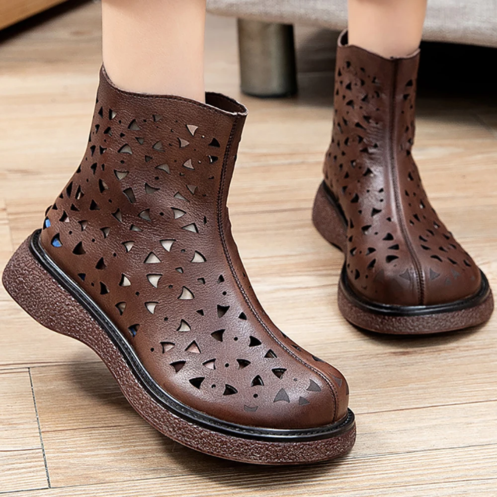 

Women Summer Boots Genuine Cow Leather Casual Ankle Botas Cut-outs Sandals Retro Handmade Footwear Female Hollow Out Flat Bootie