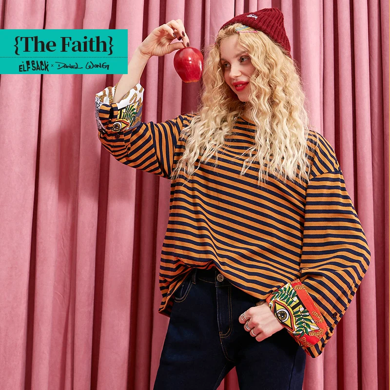 ELFSACK винтажная полосатая женская футболка с манжетами и цветочным принтом Осень
