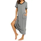 Модная женская однотонная Пижама с V-образным вырезом и карманами, летняя повседневная свободная футболка с коротким рукавом, длинное платье, ночные рубашки, ночная одежда # g3