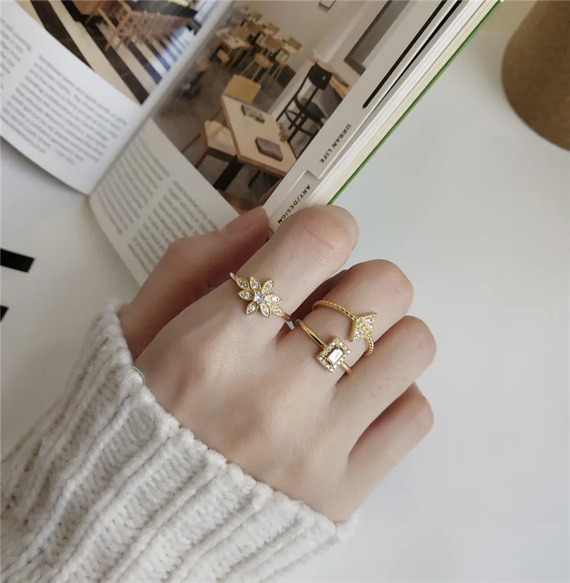 

RUIYI Real 925 Sterling Silver 3 In 1 Nordic Style Simplicity Geometric Rings Women Zircon Setting Flower Square Rhombus Rings