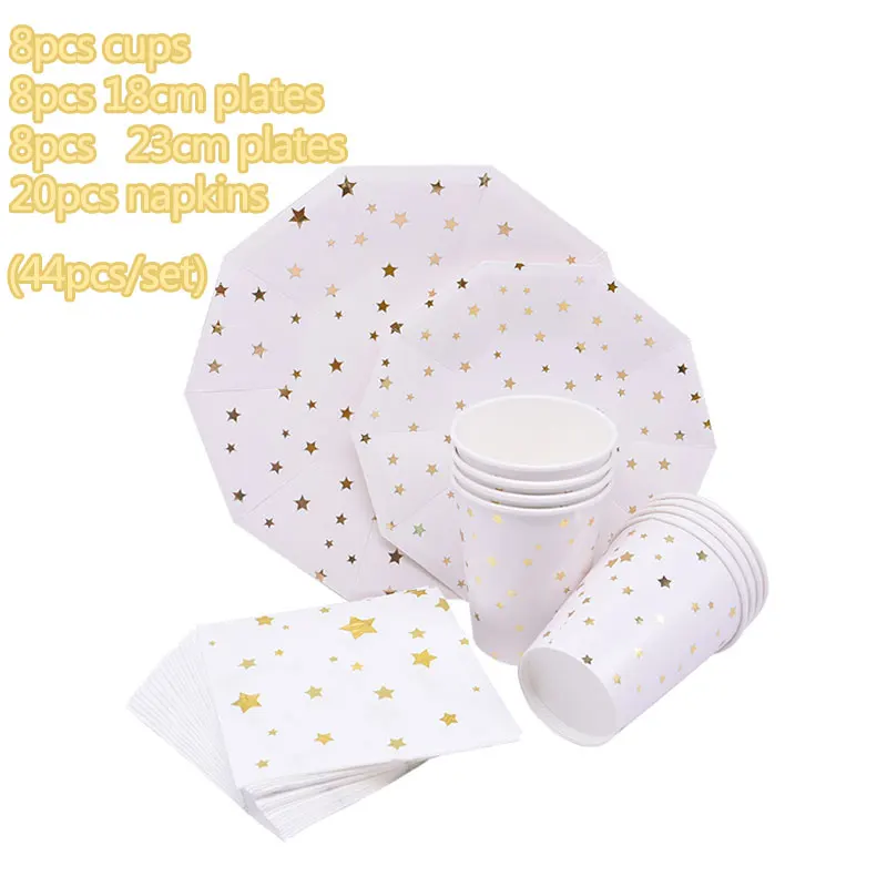 44pcs white star 44 шт розовые золотые тарелки/чашки/салфетки вечерние одноразовые столовые приборы набор белые тарелки звезды чашки для Свадьбы Дети Декор для вечеринки в честь Дня Рождения - Цвет: 44pcs white star