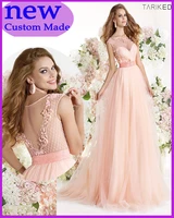 2019 tarik ediz rosa azul feitos gossamer ver atravs vestidos de baile a linha chiffon com flores artesanais prom dresses