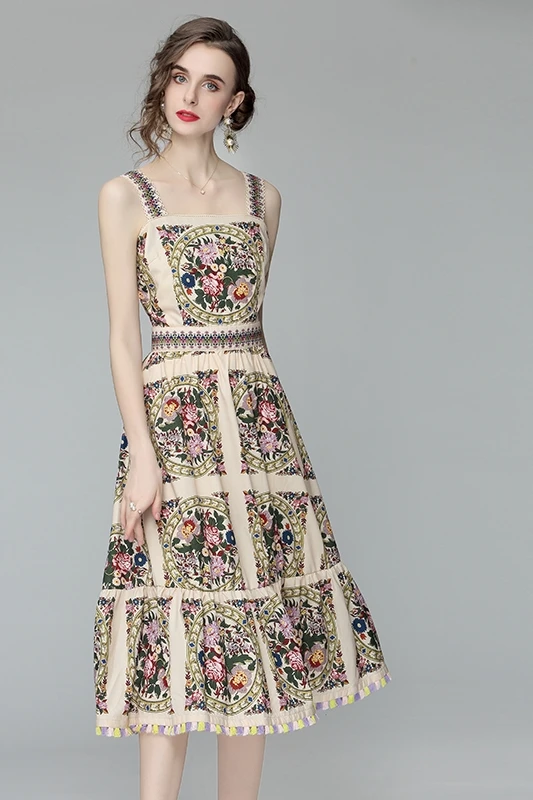 

COIGARSAM Print Women dress New Spaghetti Strap Tassel Dresses 8632