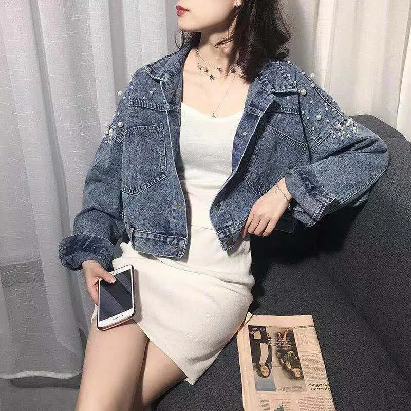 Модная Повседневная джинсовая куртка свободная короткая с жемчугом рукав