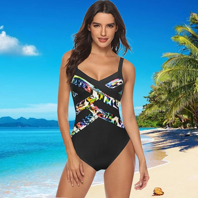 Купальник размера плюс Женский цельный купальник 2020 бикини с принтом бандо