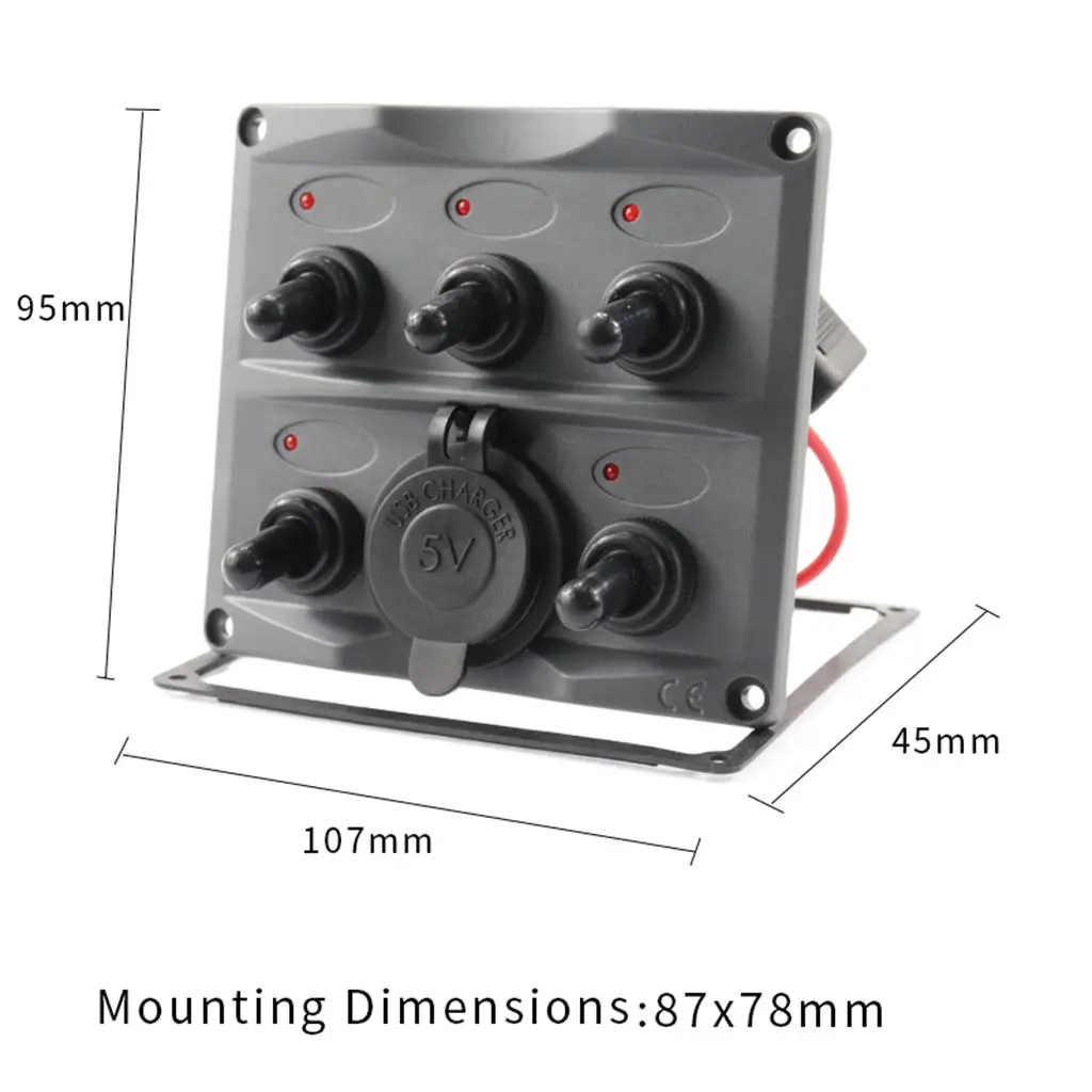 

12/24V Marine Boat 5 Gang+ 5V 3.4A USB Splashproof Toggle Switch Panel LED