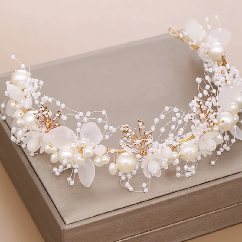 

Handmade Bridal Flower Faux Pearl Crystal Leaves Wedding Headband Women Hair Band Children Hair Accessories