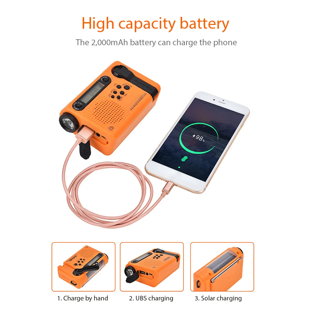 Murah Radio Cuaca Darurat Baterai 2000MAh Engkol Tangan Surya Portabel Radio LED/FM/AM/SW Untuk Bertahan Hidup Luar Ruangan Darurat Rumah Tangga