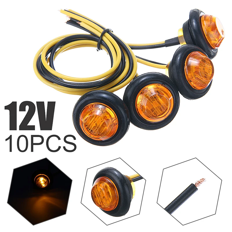 

10pcs 12V Car Auto LED 3/4" Round Trailer Side Marker Lights Front Rear Trucks Clearance Light Lamp Bullet Yellow Accessories