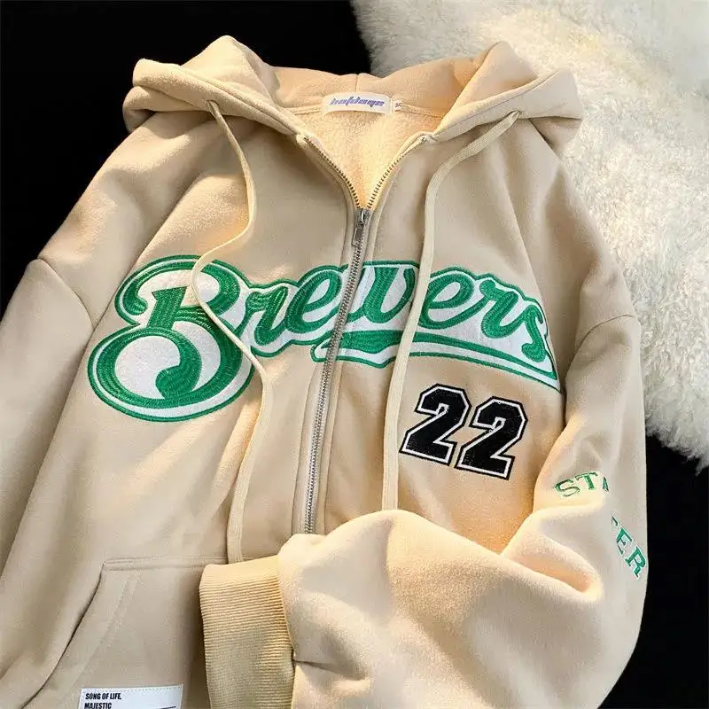 

American Vintage Letter Embroidery Women's Jacket Coat Zip-up Hoodies Women Winter Clothes Streetwear Gothic Fashion Sweatshirts