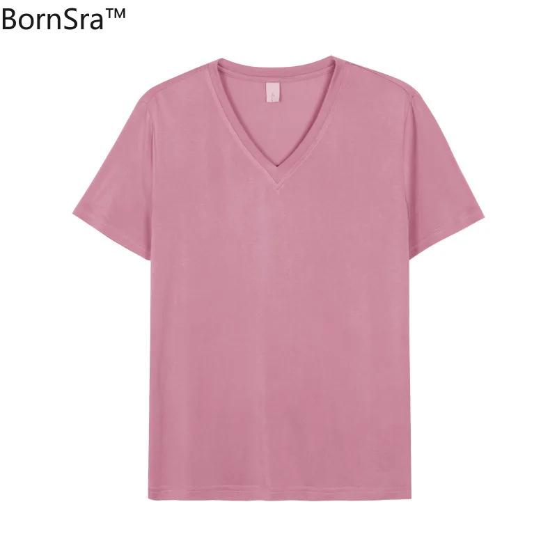 

Bornsra V-neck Solid Color Short-sleeved T-shirt Female 2021 Summer Korean Version Loose and Simple Basic Top #T28652