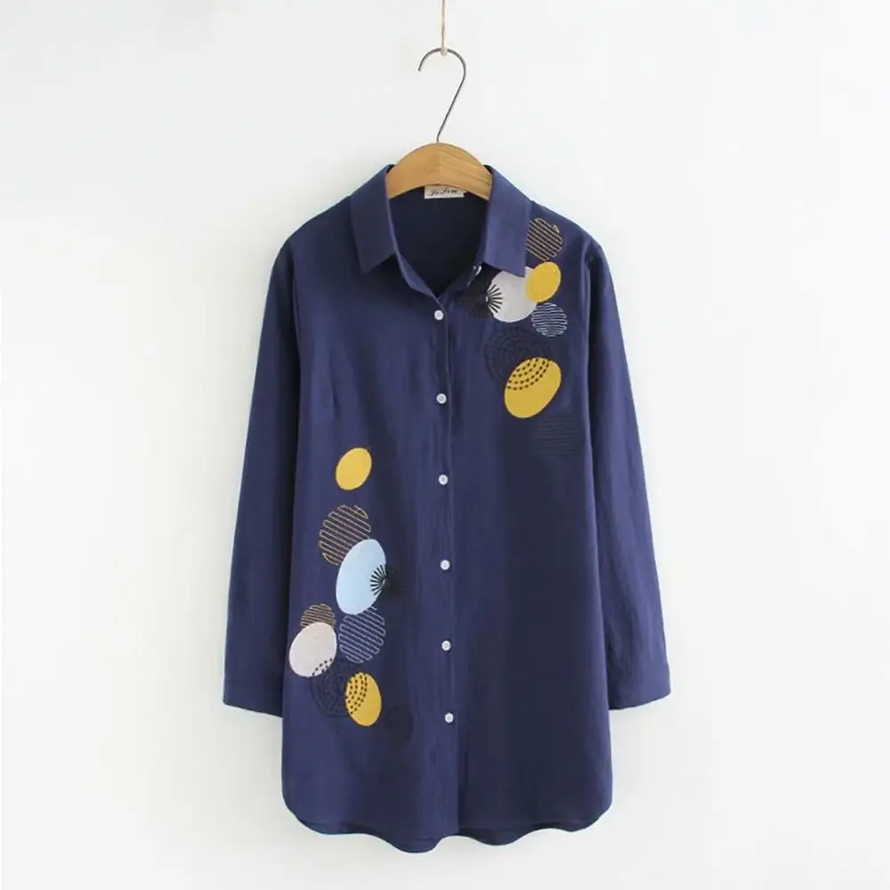 Женские свободные хлопковые рубашки с вышивкой размера плюс темно синие и белые