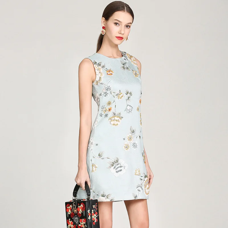 

Spring and Summer New Man Paris Lady Temperamental Beaded Flower round Neck Waist Trimming Slimming A- line Jacquard Dress